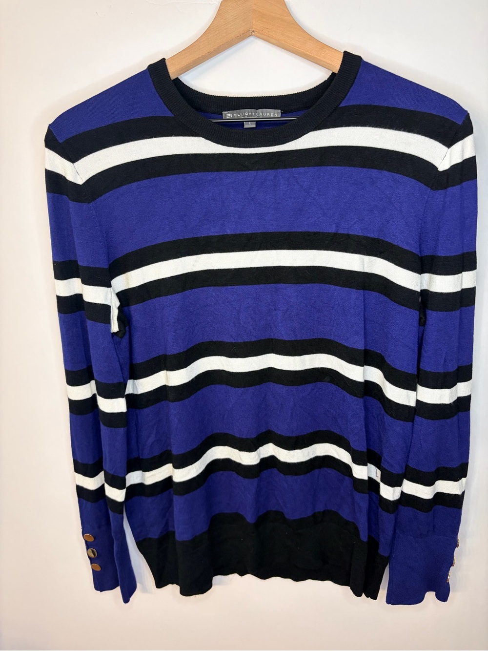 Elliot Lauren Women’s Blue, Black, White Striped Sweater w/ Gold Buttons, Large